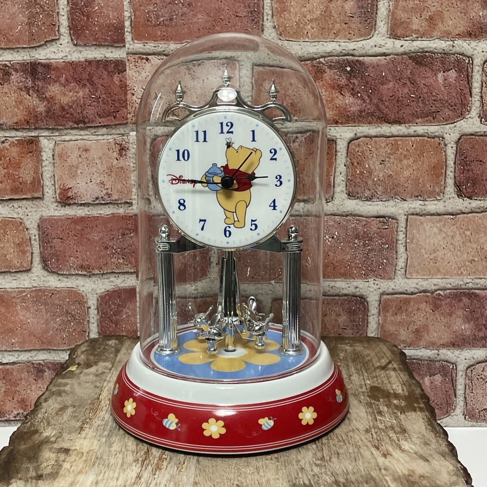 VINTAGE Disney WINNIE POOH Anniversary CLOCK Glass Dome Bee Pendulum Red Base